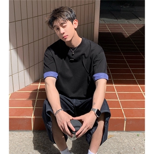 美式格子翻边设计感短袖双层撞色圆领T恤衫男 D425 特P35图片