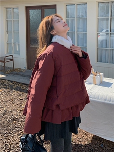 韩版短款羽绒服女2025冬季新款今年流行毛领收腰保暖外套酒红色图片