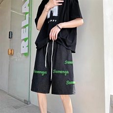字母植绒刺绣牛仔裤男夏季美式hiphop阔腿裤NK509P40，男装牛仔裤，星座1116-2