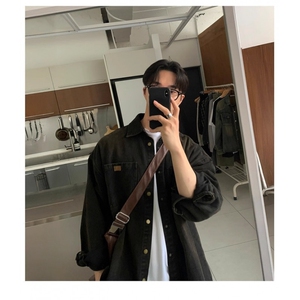蓝色复古水洗做旧牛仔衬衫夹克男春秋季韩版休闲百搭长袖衬衣外套图片