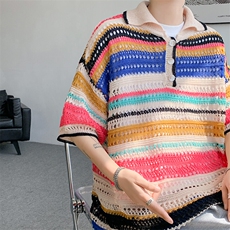 8XL-M特大码美式复古条纹撞色针织POLO衫翻领休闲短袖TDX311P35，男装T恤，电商D206-1