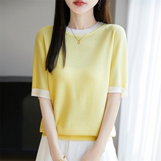 2025夏季天丝针织短袖女拼色圆领T恤上衣宽松提花半袖打底，女装T恤，暖烁羊绒