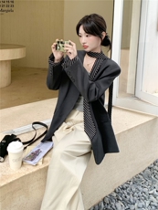 210-3278-P155-K228高级松弛感休闲条纹飘带西装外套2025年秋季，女装西装，韩蜜菓