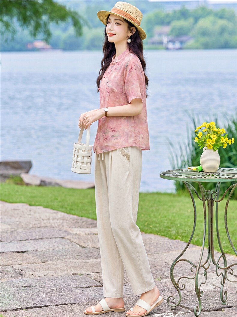 现货2026年夏季新款中式时尚两件套装女T恤小衬衫加天丝麻直筒裤,女装套装/套裙,璐依舞