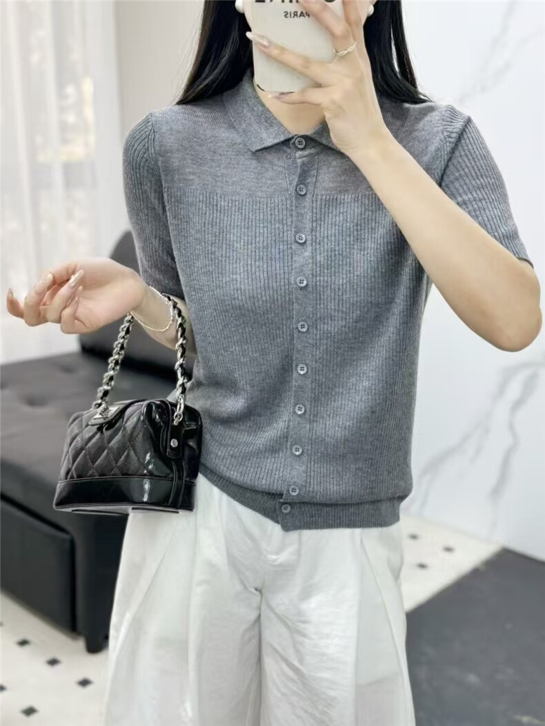 POLO翻领短袖针织衫女2025春季新款开衫短款上衣T恤细羊毛单排扣,女装T恤,艾米娇羊绒