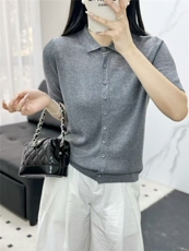 POLO翻领短袖针织衫女2025春季新款开衫短款上衣T恤细羊毛单排扣，女装T恤，艾米娇羊绒