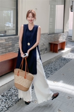 夏日流行淡人高级感两件套女2025新款蓝色流苏背心罩衫阔腿裤套装，女装套装/套裙，秋水欣儿