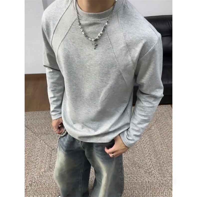 抖音得物品质26春装美式高街宽松曼巴棉螺纹拼接卫衣圆领长袖T恤,男装T恤,电商A443
