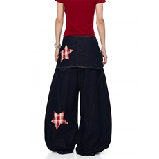 W10367-P75自家图现货复古格子拼接阔腿牛仔裤宽松直筒垂感长裤，男装牛仔裤，星座1608