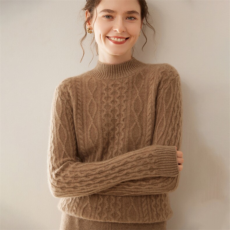 25秋冬半高领绞花加厚轻柔感山羊绒衫女提花针织毛衣宽松羊毛上衣，女装羊绒衫，暖凌绒