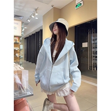 2025春秋季新款猫咪刺绣粉色连帽卫衣女纯棉拉链宽松开衫洋气外套，女装短外套，星座1210-1
