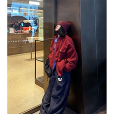 复古红色立领拼接外套男女日系休闲夹克宽松街头夹克上衣J208，男装夹克，星座1116A（原606A-3）