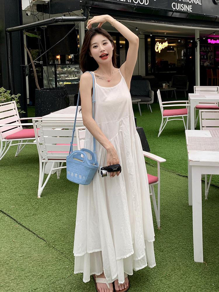 法式初恋白色连衣裙女2025年夏季新款甜美温柔风海边度假吊带长裙,女装连衣裙,诺蝶
