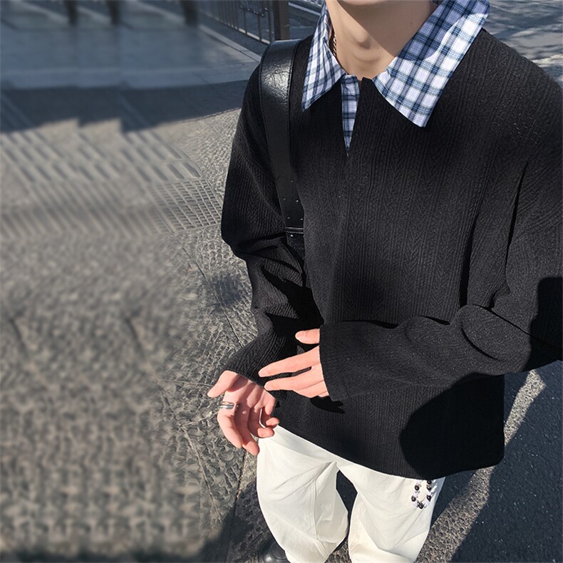 美式假两件格子翻领卫衣潮流宽松polo衫A161-MT-2602-P42,男装卫衣,电商A161