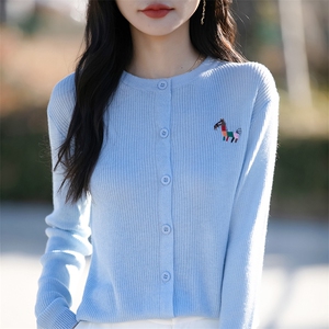 春秋精纺羊毛针织开衫女圆领坑条小马刺绣毛衣高级感宽松外套上衣图片