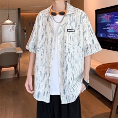 扎染新款短袖花衬衫男2025夏季潮牌贴标设计感条纹五分袖男生衬衣，男装T恤，星座506A