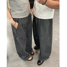 美式泡泡纱格纹休闲裤男女阔腿宽松情侣弯刀长裤子秋季K6669，男装休闲裤，星座601-1