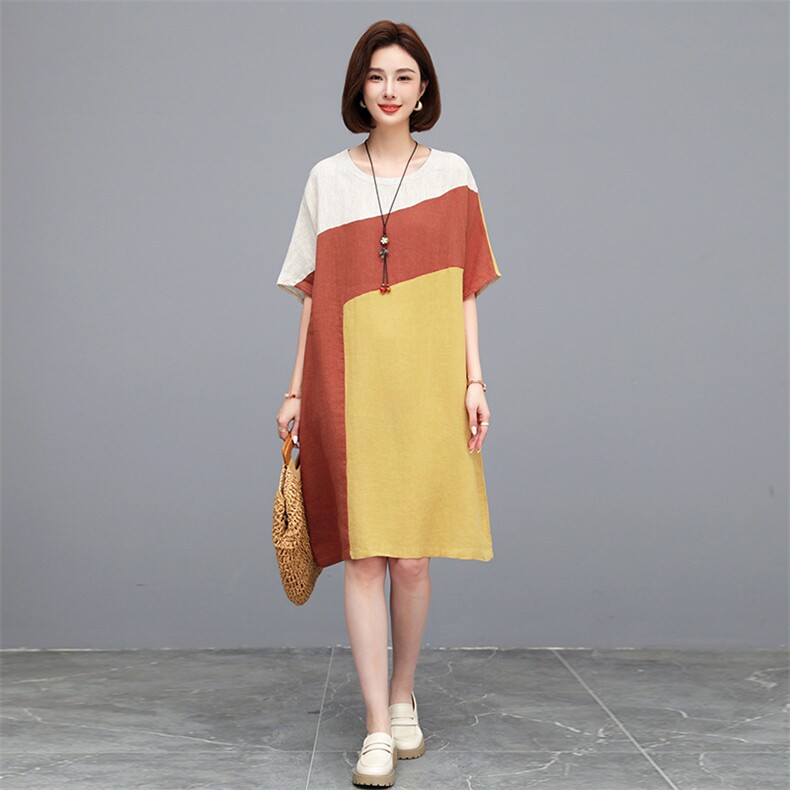 时尚撞色拼接宽松连衣裙夏季新款显瘦遮肉长裙819款，女装连衣裙，秋牧寒烟