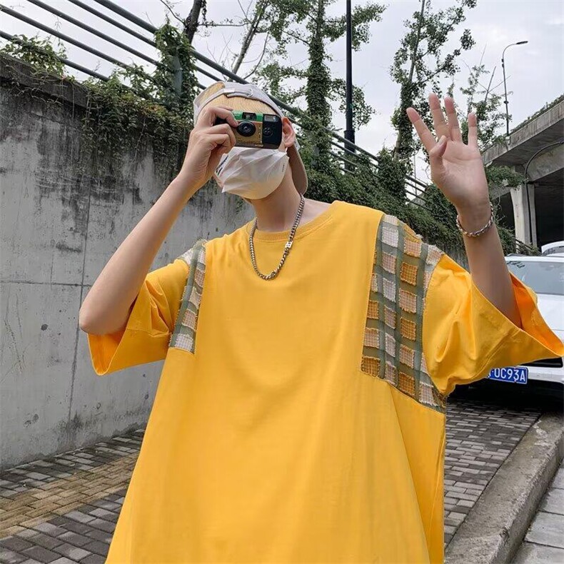 拼接腰果花五分袖T恤男女简约新款夏季ins潮流圆领体恤打底衫,男装T恤,星座506