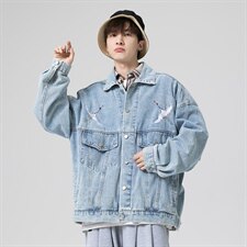 2021秋季新港风无影墙日系大码男仙鹤刺绣牛仔夹克外套NJ125-P70，男装夹克，电商A001