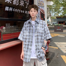 2026夏美式扎染刺绣格子短袖衬衫衬衣五分袖CS1806/特P35咖啡2，男装T恤，电商A094