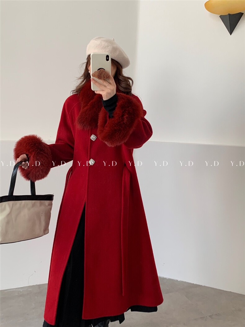 【依嘟】高级感真狐狸毛韩版气质百搭羊毛外套(配可拆卸真狐狸毛，女装双面呢大衣，依嘟服饰