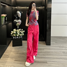 女夏新款时尚运动休闲套装洋气减龄玫红色圆领上衣阔腿长裤两件套，女装套装/套裙，江南