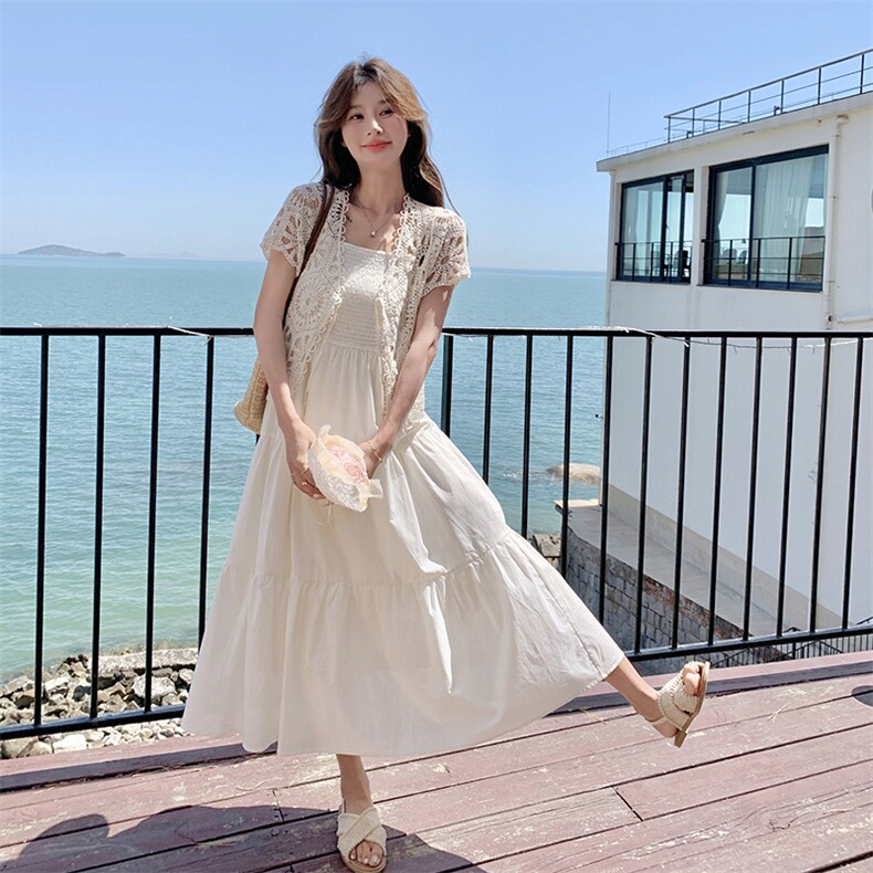 清纯系松弛感穿搭镂空开衫配吊带连衣裙2025夏超好看小白长裙,女装连衣裙,2C269