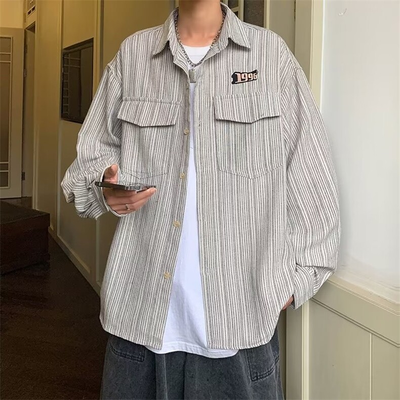 日系复古潮牌工装刺绣条纹长袖衬衫男春秋季潮流宽松休闲衬衣 C92图片