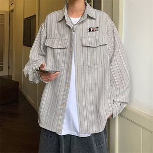 日系复古潮牌工装刺绣条纹长袖衬衫男春秋季潮流宽松休闲衬衣 C92图片