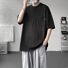 8XL-M亨利领亚麻短袖t恤男弹力大码宽松半袖开衩设计体恤DT002P45，男装T恤，电商B312
