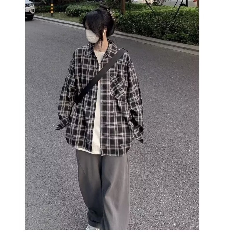 新款百搭港风长袖衬衫复古满印格子时尚文艺无品牌简约原宿潮流,男装衬衫,星座506A