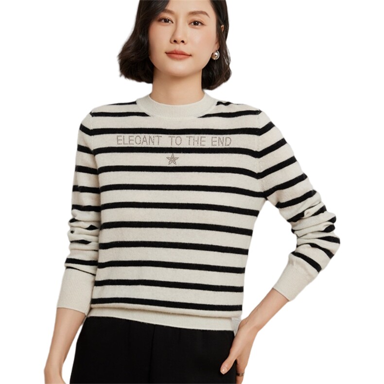 时尚优雅女士条纹衫10%保暖舒适修身显瘦打底衫,女装羊绒衫,臻维羊绒