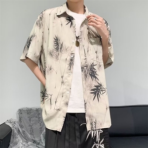 2024夏季高级感潮牌衬衣新中式竹叶印花短袖衬衫男现货 W8196-P35图片