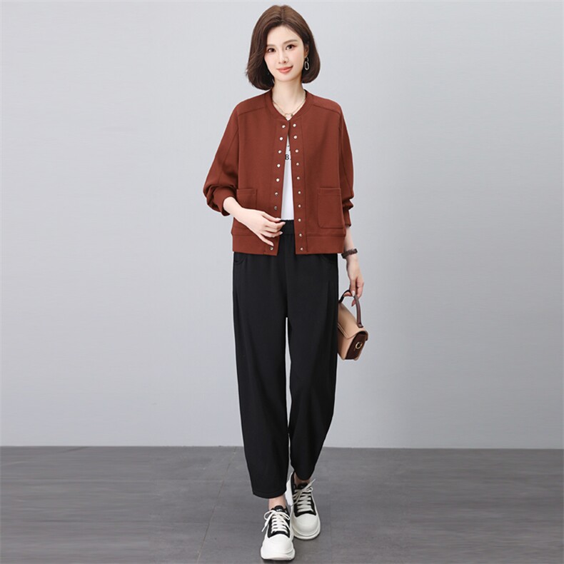 春秋新款时尚两件套装女休闲宽松棒球服开衫哈伦裤中老年妈妈装潮，女装套装/套裙，璐依舞