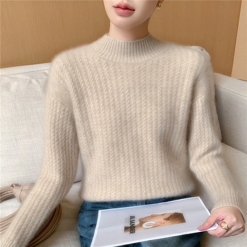 2025年秋季新款百搭女士7针重工加厚扭花半高,女装羊绒衫,百越羊绒