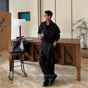 2026春季美式复古高级感宽松双折阔腿休闲裤男女cleanfit廓形西裤图片