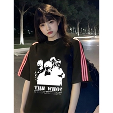 抖音得物品质二开240克宽松纯棉美式潮牌印花三条杠中性风短袖T恤，男装T恤，电商A486-1