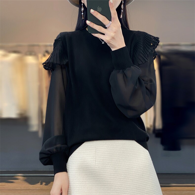 2024春秋新款气质圆领精纺羊毛泡泡袖套头内搭女韩版纯色百搭毛衣,女装羊毛衫,总能电商供货