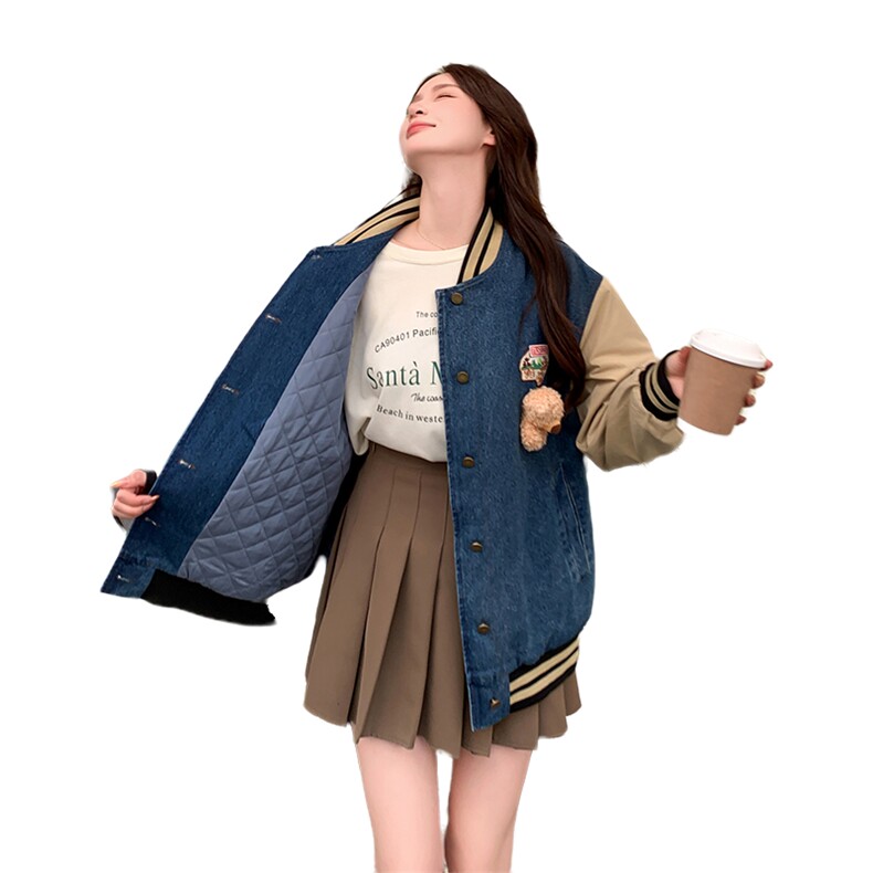 新款拼接牛仔外套女小熊棒球服夹克短款显瘦,女装牛仔外套,天使之佳话