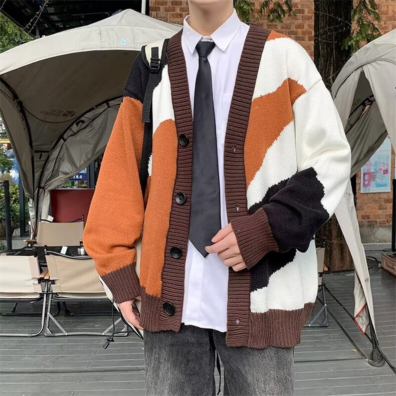 黑白拼色仿水貂绒毛衣外套男2024秋装宽松外穿针织开衫M7028,男装针织衫/毛衣,星座1116A-1（原606A）