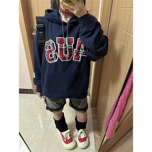 美式街头潮牌格子刺绣数字宽松套头连帽卫衣男女情侣帽衫WY852