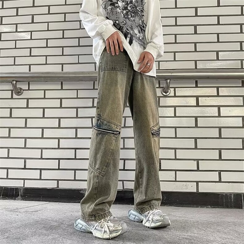 美式牛仔裤男秋季水洗泥黄色潮牌高街宽松直筒工装长裤K865-P50图片