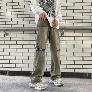美式牛仔裤男秋季水洗泥黄色潮牌高街宽松直筒工装长裤K865-P50图片