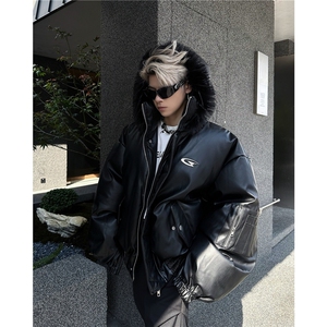 美式潮小众解构毛领座山雕加厚棉服外套连帽短款皮衣MF305-P118图片