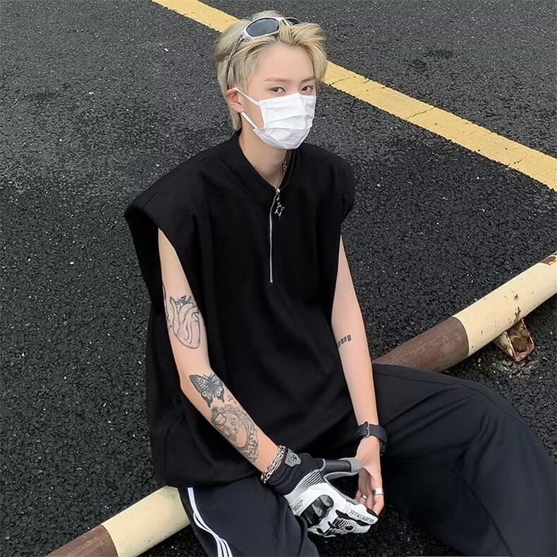 半高领拉链背心男 小众设计感垫肩无袖t恤男纯色坎肩打底EB03-P35图片