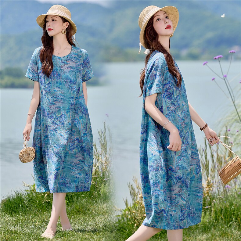 时尚印花圆领棉麻连衣裙女2026夏薄款舒适小个子休闲宽松显瘦裙子,女装连衣裙,倪叶myz