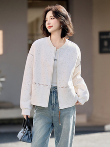 米白色休闲棒球服短外套女2025春秋新款宽松百搭圆领卫衣开衫上衣图片