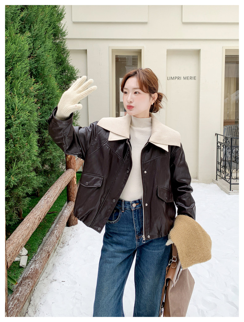 翻领短款皮衣外套女冬2025超火小个子加厚皮夹克,女装皮衣,2C218
