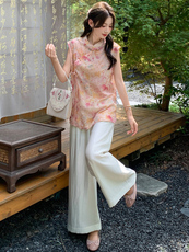 新中式g风套装女2026夏季流行复古印花盘扣旗袍上衣阔腿裤两件套，女装套装/套裙，超帛